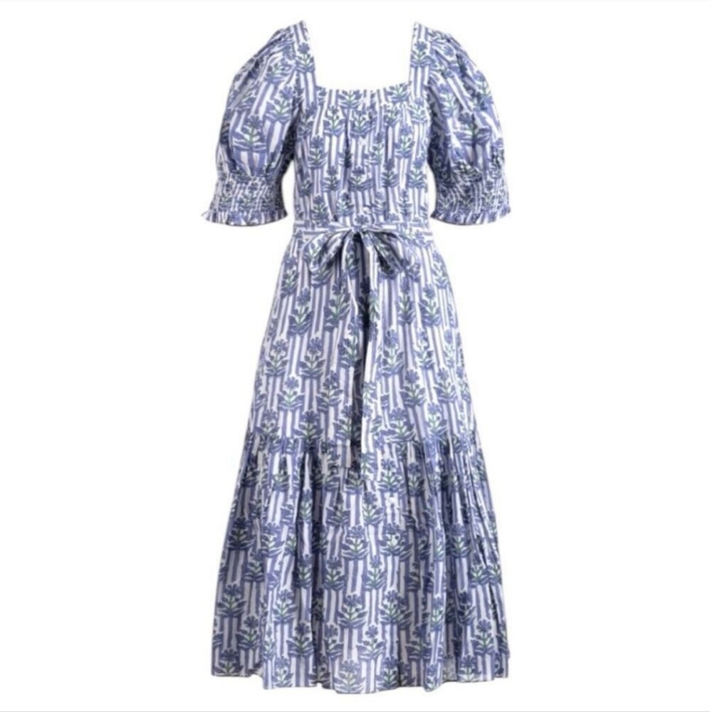Ophelia & Indigo x Lemon Stripes Amalia Tiered Block Print Cotton Dress